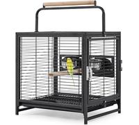 Garvee Jaula de Viaje para Pájaros de 51,5x49x45,7 cm, Pajarera de Acero al Carbono con Soporte de Madera y Comederos de Acero Inoxidable, Transportín Robusto para Ninfas, Agapornis y Loros Pequeños