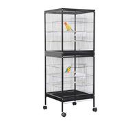 Garvee Jaula para Pájaros de 2 Niveles con Soporte Elevado y Ruedas, Pajarera Grande de Acero Bajo en Carbono para Loros, Canarios y Periquitos, Bandeja Extraíble y Estante, 52,5x50x143 cm, Negro