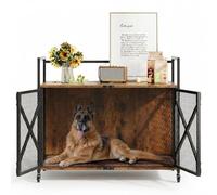 Garvee Jaula para Perros Grande Tipo Mueble con Tablero de Madera y Hierro, Caseta Elegante para Perros Medianos y Grandes, Mesa de Trabajo con Doble Puerta y Bandeja de Limpieza, 98x65x68 cm, Nogal