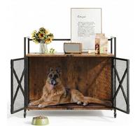 Garvee Jaula para Perros Tipo Mueble de Hierro y Madera, Caseta Decorativa con Encimera de Trabajo, Mesa Auxiliar con Puerta Doble y Bandeja Extraíble, Robusta y Elegante, 80 x 55 x 65 cm, Nogal