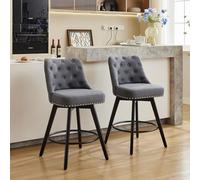Garvee Juego de 2 taburetes de bar giratorios de 26 pulgadas de altura de mostrador con respaldo, asiento tapizado de lino con botones y patas de madera, gris/beige