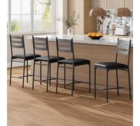 Garvee Juego de 4 taburetes de bar cómodos, con respaldo de madera y patas de metal, piel sintética, con reposapiés, ergonómicos, modernos, para isla de cocina y comedor, 4 unidades, color gris