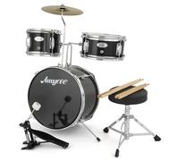Garvee Juego de batería junior de 3 piezas para principiantes, kit completo con platillos, taburete de trono y pedal, construcción de madera y metal, juego de batería acústica para práctica en casa