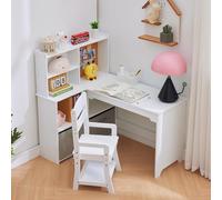 Garvee Juego de escritorio esquinero para niños, escritorio y silla para niños, mesa de estudio en forma de L, cuenta con tablón de anuncios, estantes abiertos, armarios de almacenamiento y cajones de