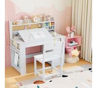 Garvee Juego de Escritorio Infantil y Silla con Almacenamiento para Niños de 3 a 8 Años - Superficie Inclinable 0-70° y Tablero de Anuncios - Blanco