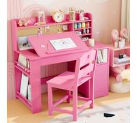 Garvee Juego de escritorio y silla de estudio para niños con almacenamiento, escritorio de estudio para niños con conejera e inclinable, mesa de madera para niños con armario de almacenamiento para