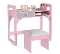 Garvee Juego de Escritorio y Silla Infantil de Madera Altura Ajustable para Niños de 3 a 8 Años - Mesa de Estudio con Cajón, Estante y Porta Bolígrafos, Rosa