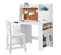 Garvee Juego de escritorio y silla para niños, mesa de estudio de madera con estante de almacenamiento, tablero de anuncios para niños de 3 a 8 años