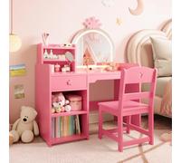 Garvee Juego de mesa y silla con espejo LED con corona para niños, amplio escritorio de maquillaje de madera con estantería abierta, cajones de almacenamiento, ideal para dormitorio de niñas o sala de