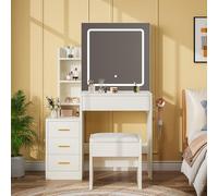 Garvee Juego de tocador de espejo deslizante con iluminación ajustable de 3 niveles, taburete, toma de corriente, soporte para secador de pelo y armario de almacenamiento con estantes abiertos y