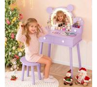 Garvee Juego de tocador para niños con luces, escritorio de maquillaje en forma de oso con espejo y taburete, juego de mesa de maquillaje de princesa de madera para dormitorio, juegos de tocador de
