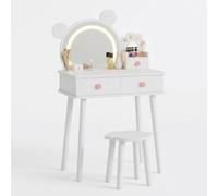 Garvee Juego de tocador para niños con luces y espejo en forma de oso, mesa de maquillaje de princesa de madera y taburete, muebles de juego seguros para niños, ideal para dormitorio, blanco, 38 x 101