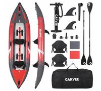 Garvee Kayak Inflable 2 Personas 12,5 Pies - Asiento acolchado, 3 Aletas - PVC Robusto, Plegable - Bomba, Bolsa, Kit de reparación - Capacidad 204 kg - Pesca y Ocio - Tamaño 381×95×42 cm