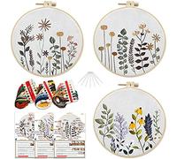Garvee - Kit de bordado floral de 3 piezas, tela de algodón y lino, círculos de bambú, 20 cm, material de bricolaje completo para principiantes y adultos, decoración de salón, cocina