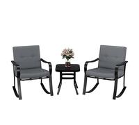 Garvee Mecedoras de Jardín Exterior Conjunto de 3 Piezas Sillas Mecedoras de Hierro con Mesa Auxiliar y Asiento de Cinchas para Terraza Balcón Porche Diseño Ergonómico y Moderno Estilo Balancín Gris