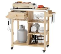 Garvee Mesa Auxiliar Barbacoa y Carrito de Servir para Exterior, Carro Móvil de Madera de Cedro con Encimera de Acero Inoxidable, 3 Estantes y Cajón, para Jardín Terraza y Cocina, 80x45x92cm