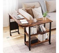 Garvee Mesa Auxiliar móvil con Ruedas y Enchufe, 3 estantes, Mesa elevable, para salón y Dormitorio, Madera rústica y Metal, 90×30×69 cm