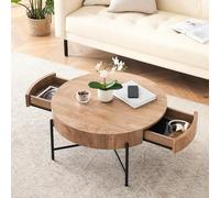 Garvee Mesa Auxiliar Redonda con cajón y Estante - Estilo contemporáneo - Madera y Patas metálicas salón y Dormitorio - Color Annual Ring diseño