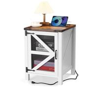 Garvee Mesa Auxiliar rústica con estación de Carga integrada - Puerta Tipo Granero y Amplio Almacenamiento - Ideal para Dormitorio o Sala de Estar - Mesa de Noche Estilo Farmhouse - Color Madera