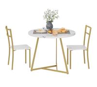 Garvee Mesa Comedor, Mesa de Comedor Redonda con Sillas, Estructura Principal Dorada y Superficie de Mármol Blanco, Ideal para Familia, Uso en Cocina y Salón Interior para Comidas Diarias