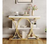 Garvee Mesa Consola de 100 x 30 x 80 cm, Mesa de Entrada Industrial de 3 Niveles con Marco metálico en círculo, Mesa Auxiliar con estantes de Madera, para Entrada, Pasillo, Sala, Dorado y Blanco