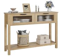 Garvee Mesa Consola Estrecha de Madera con 2 cajones de Vidrio - Diseño de 2 Niveles y Estante de Almacenamiento - para Sala, Pasillo o recibidor Mesa Lateral de sofá - Color Madera