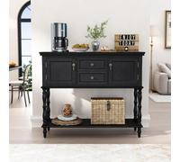 Garvee Mesa Consola Vintage con 2 cajones, 2 Puertas y Estante Abierto - Diseño Vintage Mid-Century, Mueble Auxiliar Estrecho para sofá, Entrada o Pasillo, Ideal para Almacenamiento, Color Negro