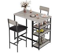 Garvee Mesa de Bar con 2 Sillas Acolchadas, Mesa de Cocina, Juego de 3 Piezas de Barra de Altura de Mostrador con 3 Estantes de Almacenamiento para Espacios Pequeños, Apartamento (Gris)