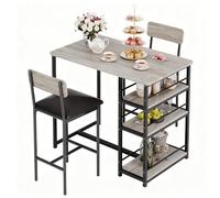 Garvee Mesa de Bar con 2 Sillas Acolchadas, Mesa de Cocina, Juego de 3 Piezas de Barra de Altura de Mostrador con 3 Estantes de Almacenamiento para Espacios Pequeños, Apartamento (Gris)