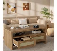 Garvee Mesa de café Bohemia con Almacenamiento, Consola de ratán de Mediados de Siglo de 40” con cajones y Estante Abierto, Mesa de Centro de Madera de 2 Niveles para Sala/Departamento/casa