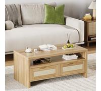 Garvee Mesa de Centro Boho de ratán y Madera, diseño Moderno de Mediados de Siglo, 2 Niveles con 2 cajones y Estante Abierto, Ideal para Sala, Dormitorio u Oficina, Espacios pequeños,