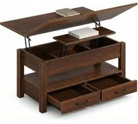 Garvee Mesa de Centro elevable Multifuncional 100 cm - Tapa giratoria, Altura Ajustable, 2 cajones y Compartimento Oculto - Estilo Industrial Moderno para salón, Oficina o apartamento - Madera Color