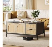 Garvee Mesa de Centro Moderna con ratán y Luces LED - 2 cajones, 2 Puertas arqueadas, Estante Abierto y Estructura metálica - Ideal para salón, Almacenamiento Elegante - Color Negro y Roble