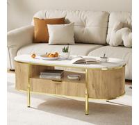 Garvee Mesa de Centro Ovalada Moderna 122 cm - Paneles Acanalados, Tapa de mármol sintético - Cajón y Estante de Almacenamiento - Patas Doradas - para Sala de Estar/Oficina - Diseño de Lujo - Color