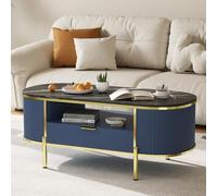 Garvee Mesa de Centro Ovalada Moderna 122 cm - Paneles Acanalados, Tapa de mármol sintético - Cajón y Estante de Almacenamiento - Patas Doradas - para Sala de Estar/Oficina - Azul Marino