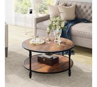 Garvee Mesa de Centro Redonda Amplio, 72x72x48 cm, Estilo Vintage Europeo, 2 Niveles con Estante Abierto, Estructura metálica y Madera Maciza, fácil de Montar - Color Vintage Europeo 72CM