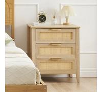 Garvee Mesa de Noche Boho de ratán Natural con 3 cajones - Estructura de Madera Resistente - Tiradores Dorados Dormitorio o salón - Decoración Moderna y almacenaje - Color Roble