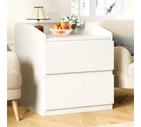Garvee Mesita de noche de 2 cajones, con barandilla elevada, mesita de noche moderna sin asas, con superficie lisa, para dormitorio, sala de estar, espacio pequeño, color blanco