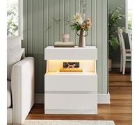 Garvee Mesita de Noche Inteligente con Luces LED App, estación de Carga USB y Tomas de Corriente, 3 cajones y Estante en U, Mesa Moderna para Dormitorio - Color: White