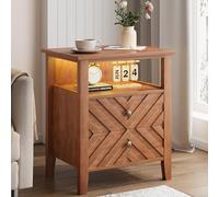 Garvee Mesita de Noche LED con 2 cajones - Iluminación RGB - Estante Abierto - Patas de Madera estables - Diseño rústico en V - para Dormitorio, salón u Oficina - Marrón