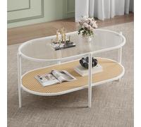 Garvee Moderna Mesa De Centro Ovalada De Ratán De 94 Cm con Estructura Metálica De Dos Niveles y Estante De Almacenamiento, Tablero De Cristal, Estilo Bohemio para Sala De Estar, Dormitorio y Oficina