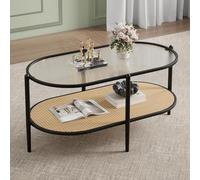 Garvee Moderna Mesa De Centro Ovalada De Ratán De 94 Cm con Estructura Metálica De Dos Niveles y Estante De Almacenamiento, Tablero De Cristal, Estilo Bohemio para Sala De Estar, Dormitorio y Oficina