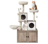 Garvee Mueble Arenero para Gatos 2 en 1 con Árbol Rascador y Cueva - Torre de Madera para Gatos con Postes de Sisal y Plataformas de Felpa - Centro de Actividades Multifuncional, Gris y Blanco