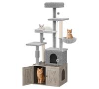 Garvee Mueble Arenero para Gatos y Árbol Rascador Grande de 165cm, Torre Multinivel con Escondite de Madera y Postes de Sisal, Estación de Aseo y Centro de Actividades para Mascotas, 60x48x165cm, Gris