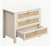 Garvee Mueble Auxiliar De 3 Cajones con Detalle De Ratán, Mesa De Noche Moderna De Madera para Dormitorio, Color Blanco Claro, Medidas 67.8 x 40 x 65.2 cm