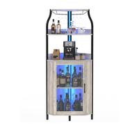 Garvee Mueble Bar vinoteca Moderno de 4 Niveles con Puerta de Vidrio y luz LED - Estantes Ajustables en MDF Resistente, diseño Curvo - Almacenamiento para Botellas, Copas y Accesorios - Color: Gris