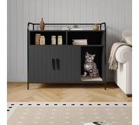 Garvee Mueble Cubre Arena para Gatos Oculto con Estructura de Metal - Estantes de Almacenamiento, Puerta Estilo Granero y ventilación - Compatible con la mayoría de Cajas - Negro-95 x 45 x 82 cm