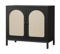 Garvee Mueble de Almacenaje con 2 Puertas, Arco Tallado y Paneles de Mimbre - Armario Decorativo en Color Negro para Salón, Dormitorio o Entrada