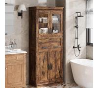 Garvee Mueble De Baño De 170 cm De Alto con 4 Puertas, Cajón De Cristal Abatible y Estantes Ajustables. Organizador Independiente para Cocina y Sala De Estar (Marrón Rústico)