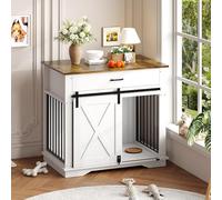 Garvee Mueble de jaula para perros estilo granja de 93 cm con puerta corrediza de granero, caseta de madera para interiores y gabinete de buffet con 2 cajones de almacenamiento, casa multifuncional